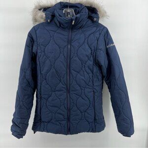 Columbia Blue Quilted Puffer Jacket with Fur Hood